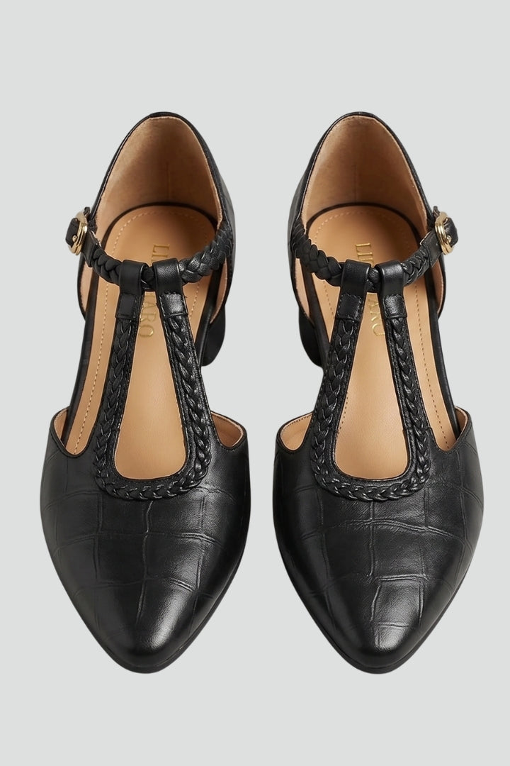 Elegant women's T-strap buckle flats in brown, offering all-day comfort and a classic, versatile design.