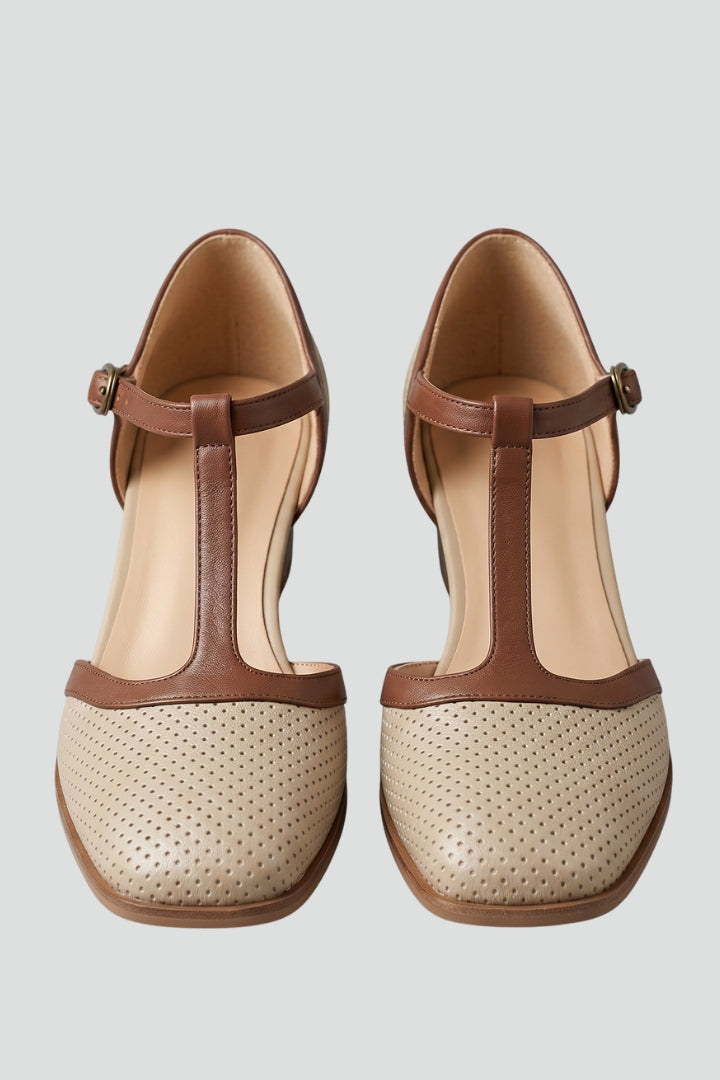 Elegant women's T-strap mid heel shoes with square toe & block heel, perfect for office wear or dressy occasions.
