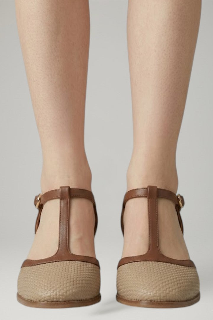 Classic women's T-strap mid-heel shoes, square toe, block heel, comfortable for casual chic or professional wear.