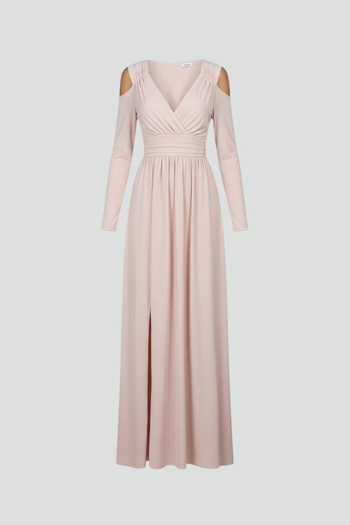 Elegant V-neck long dress with side slit for women, perfect for formal events & evening parties.