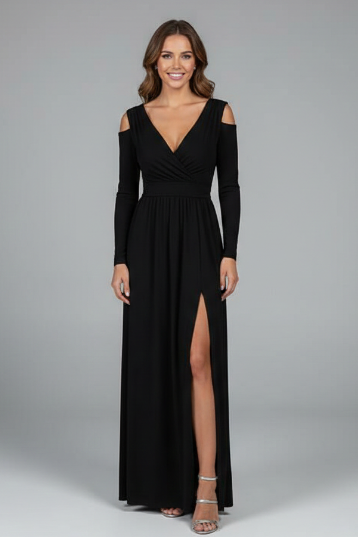 Black V-neck long formal dress for women, featuring an elegant side slit. Perfect for evening events.