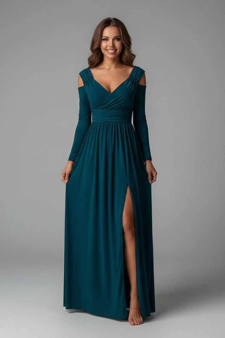 Blue elegant V-neck women's long dress with a classy side slit, suitable for formal occasions.