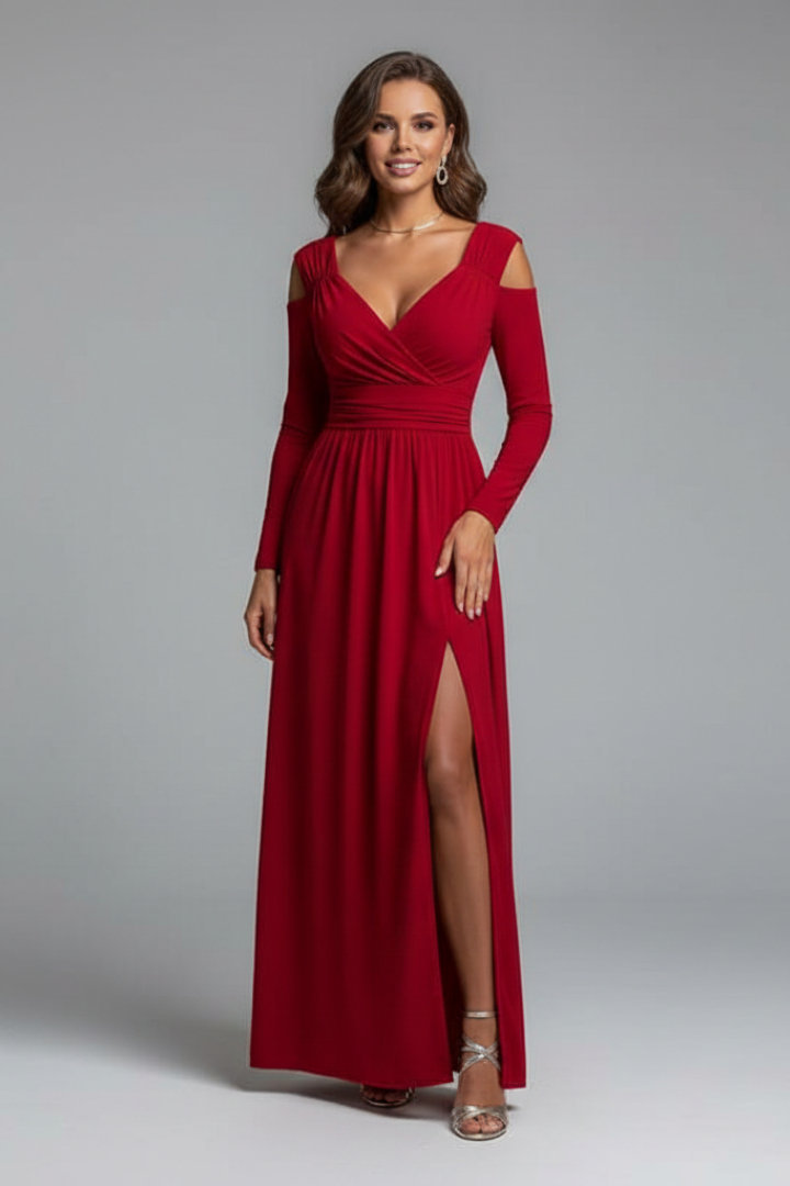 Pink V-neck maxi dress with a sophisticated side slit, a beautiful women's party and evening gown.