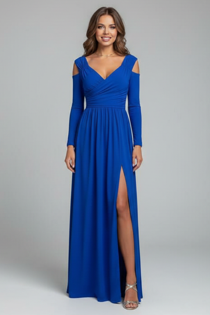 Red formal V-neck long dress for women, featuring an alluring side slit. Ideal for evening events.