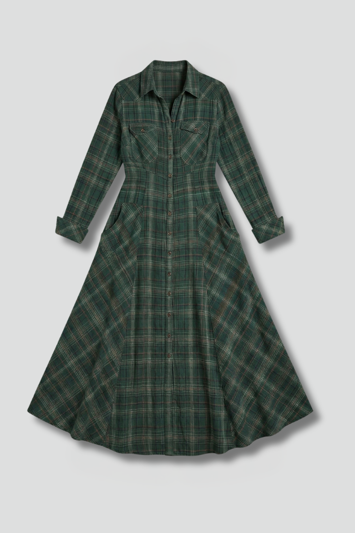 Women's plaid button front maxi dress with long sleeves. Perfect versatile fall & winter fashion for an elegant casual look.