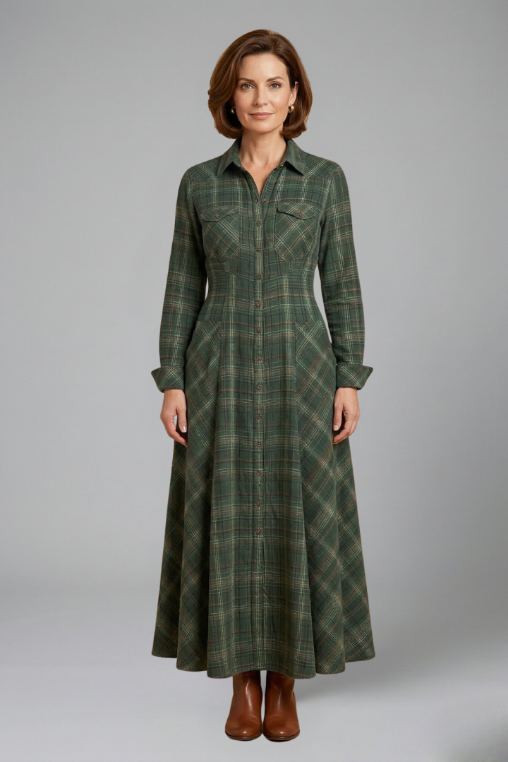 Stylish women's long sleeve plaid maxi dress with button front. Ideal for fall & winter, offering casual elegance.
