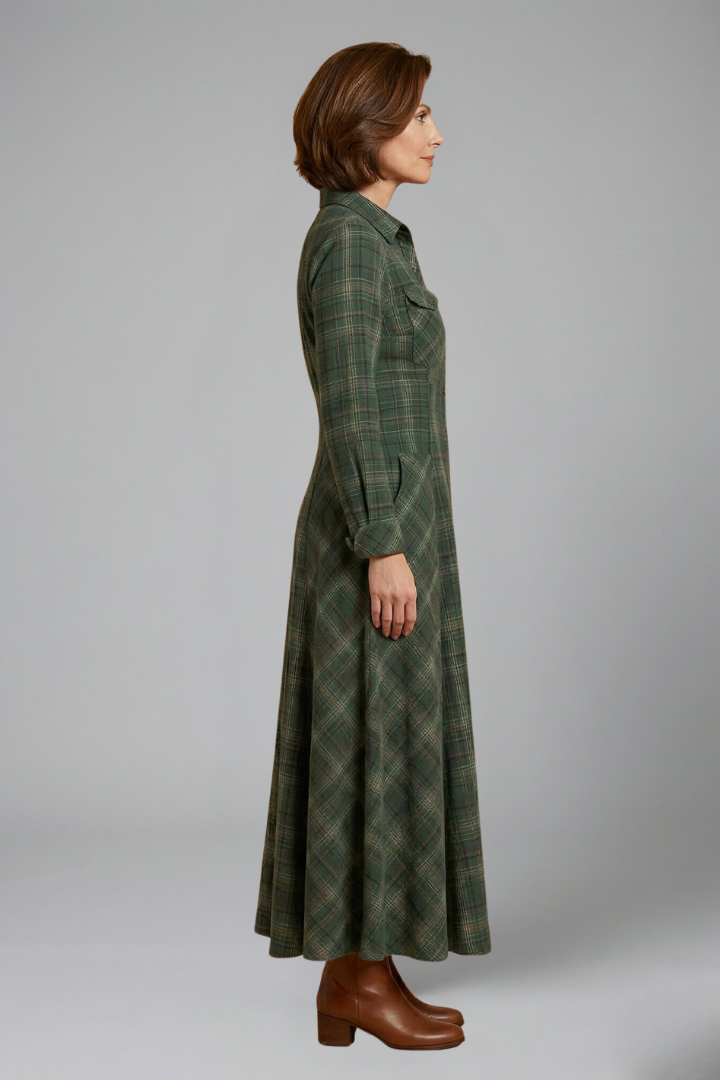 Elegant women's collared plaid maxi dress, button front, long sleeves. A versatile dress for fall & winter fashion.