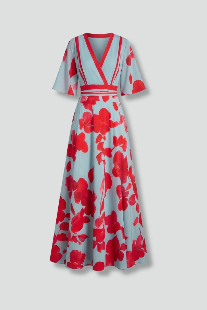 Elegant women's flowy V-neck maxi dress, perfect for summer evenings or a chic vacation.