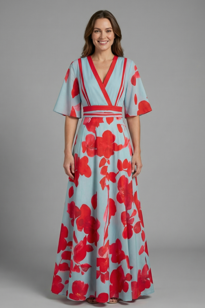 Women's V-neck maxi dress with flutter sleeves, wrap waist, and an elegant flowy silhouette.