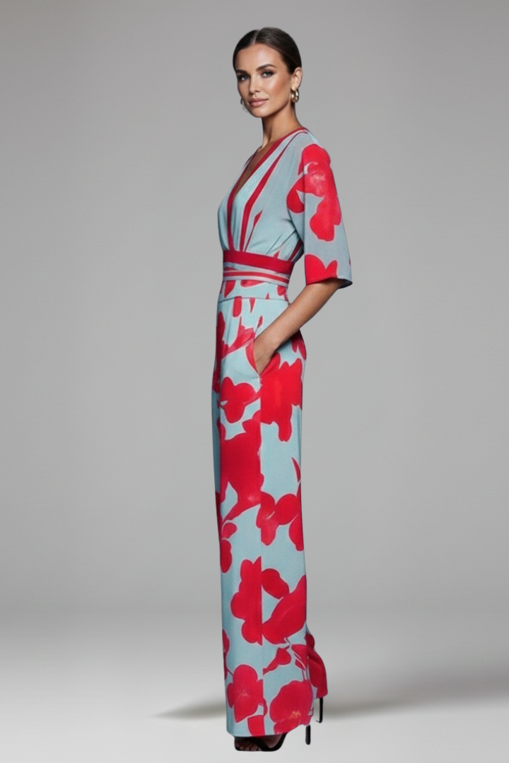 Women's elegant V-neck maxi dress featuring flowy fabric, flutter sleeves, and a flattering wrap waist.