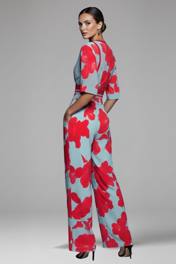 Beautiful women's flowy maxi dress with a V-neck, flutter sleeves, and elegant wrap waist design.