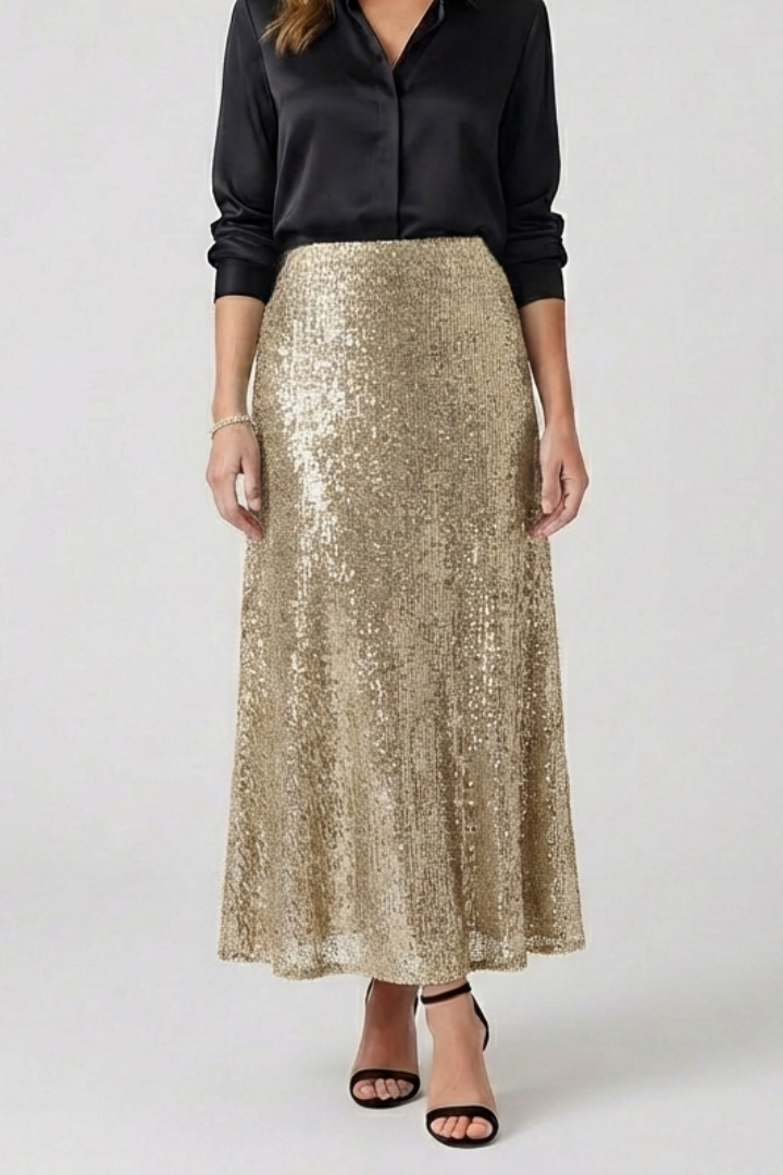 High-waist elastic women's sequin maxi skirt, pull-on style, a glamorous long skirt for parties.