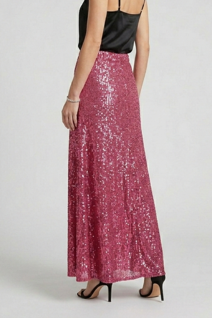 Sparkly women's sequin maxi skirt, high-waisted, great for evening and party wear. Dazzling style.