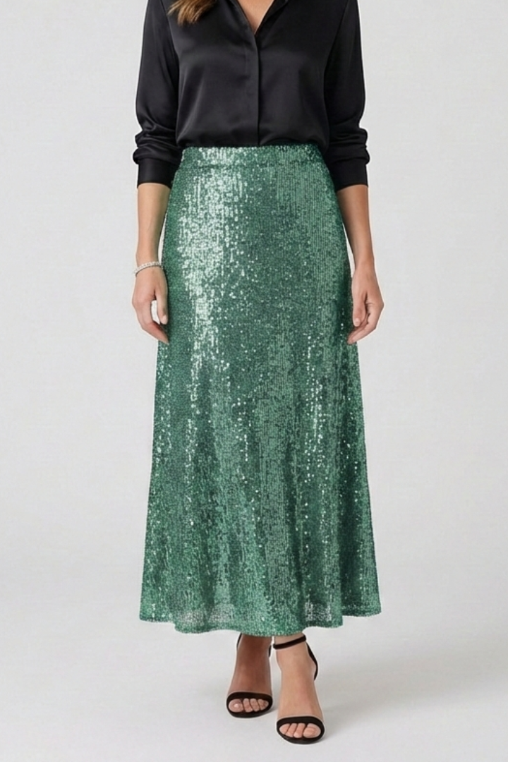 Glamorous high-waisted sequin long skirt for women, pull-on, sparkling party and formal attire.