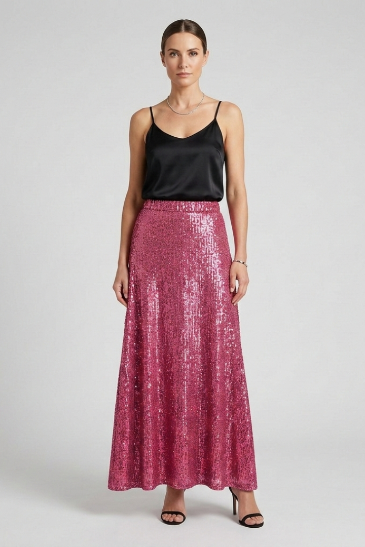 Shimmering women's sequin maxi skirt, high waist & elastic, a dazzling choice for evening events.