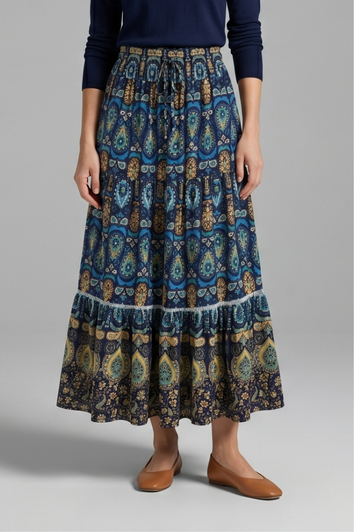 Beautifully flowy tiered maxi skirt for women, featuring a comfortable elastic pull-on waist.