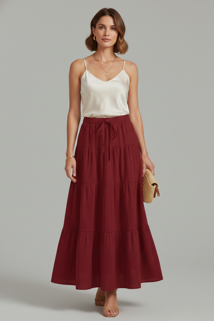 Elegant women's long tiered maxi skirt, featuring a comfortable pull-on elastic waist.