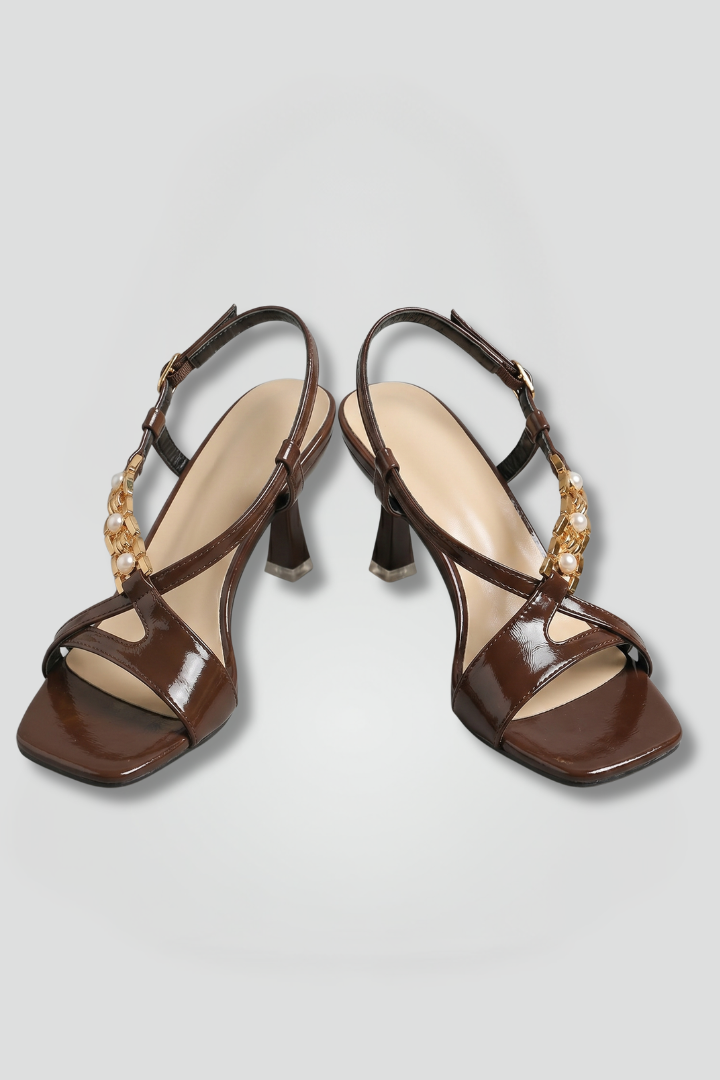 Coffee brown women's mid heel buckle sandals with open toe, elegant stiletto for dressy or casual summer wear.