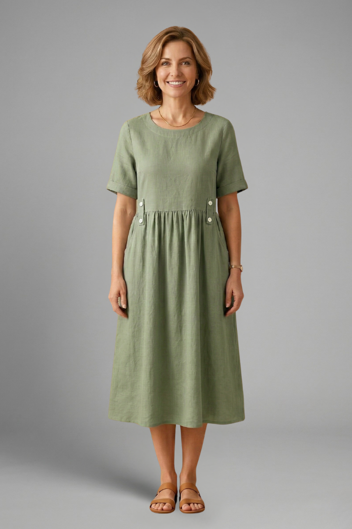 Casual women's summer midi dress, featuring an effortless round neck and comfortable loose fit.
