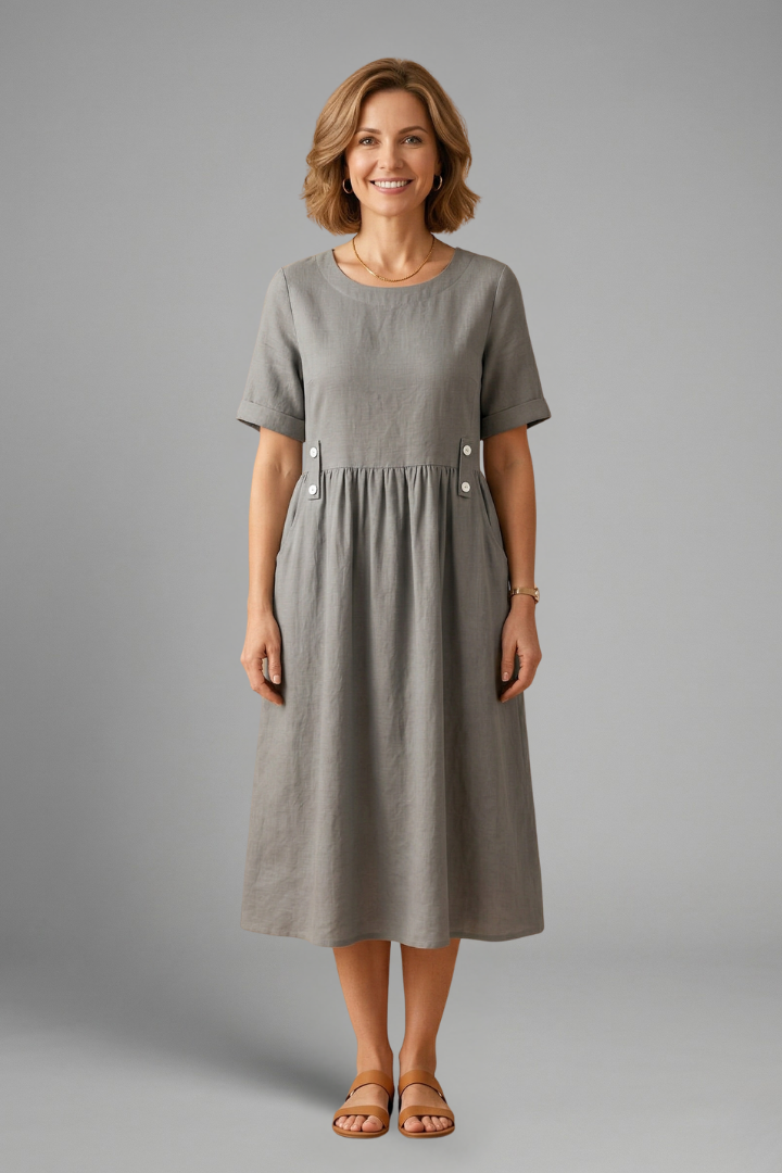 Versatile women's midi dress with a comfortable round neck and loose fit for everyday wear.