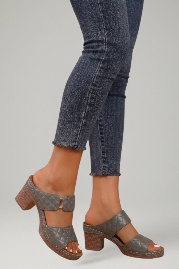 Close-up of women's block heel sandals showing adjustable ankle strap detail & comfortable heeled design. Summer essential.