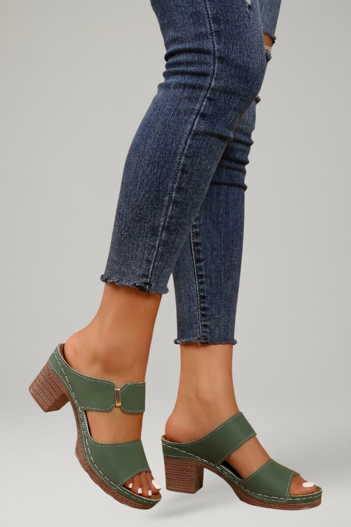 Side view of women's fashion block heel sandals with adjustable buckle strap, providing comfortable arch support.