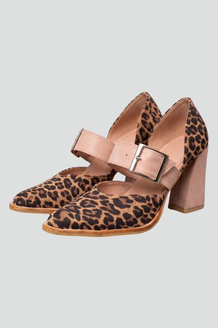 Stylish women's patterned heeled sandals with secure straps, open-toe design, perfect for summer comfort & everyday wear.