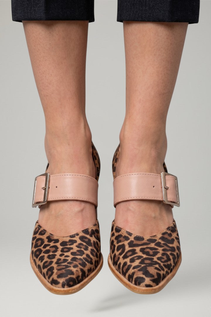 Elegant patterned heeled sandals for women, featuring a chic open-toe design and comfortable slip-on style.