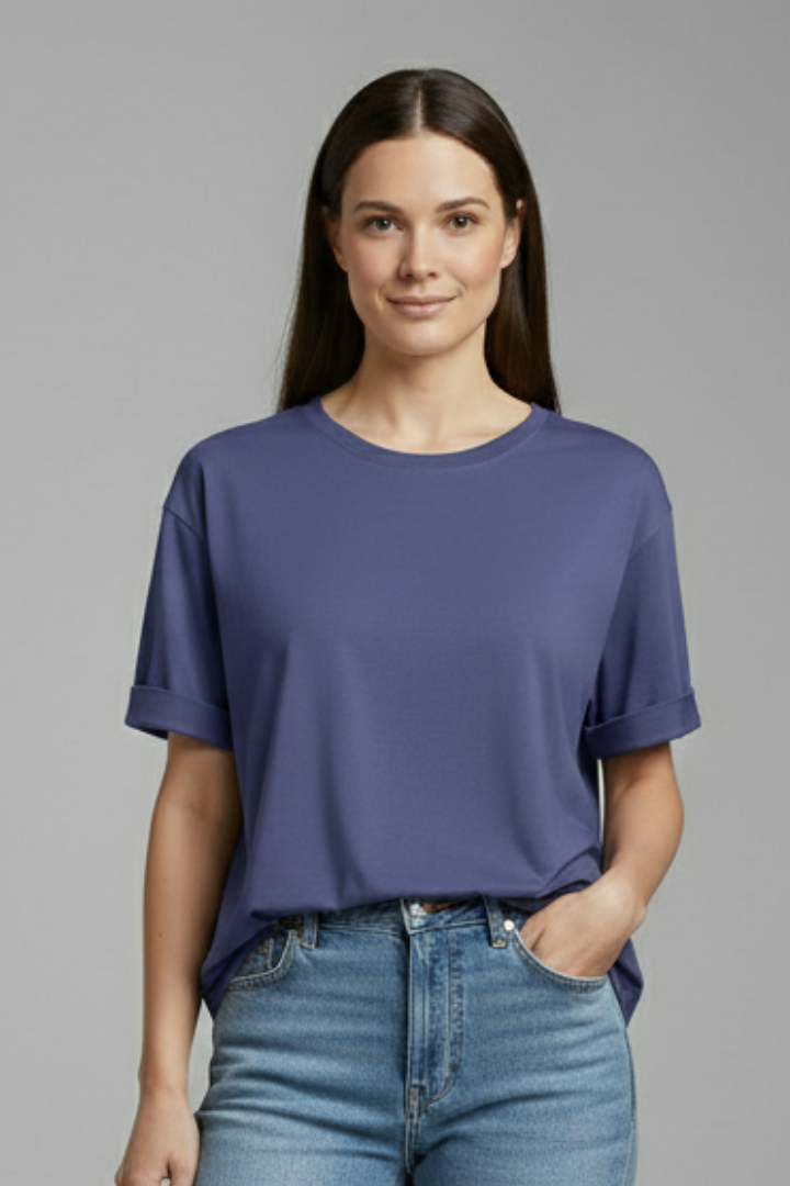 Relaxed fit women's pull-on t-shirt featuring a classic round neck and stylish rolled sleeves for effortless wear.