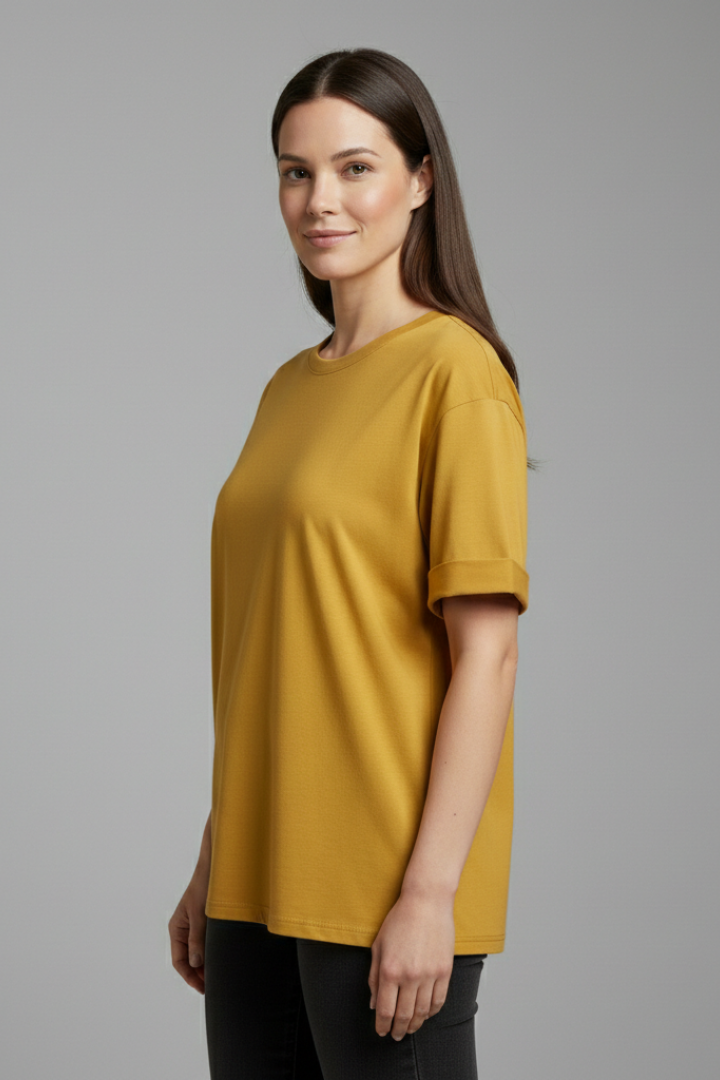 Everyday essential women's short sleeve t-shirt, featuring a comfy round neck and trendy rolled sleeves.
