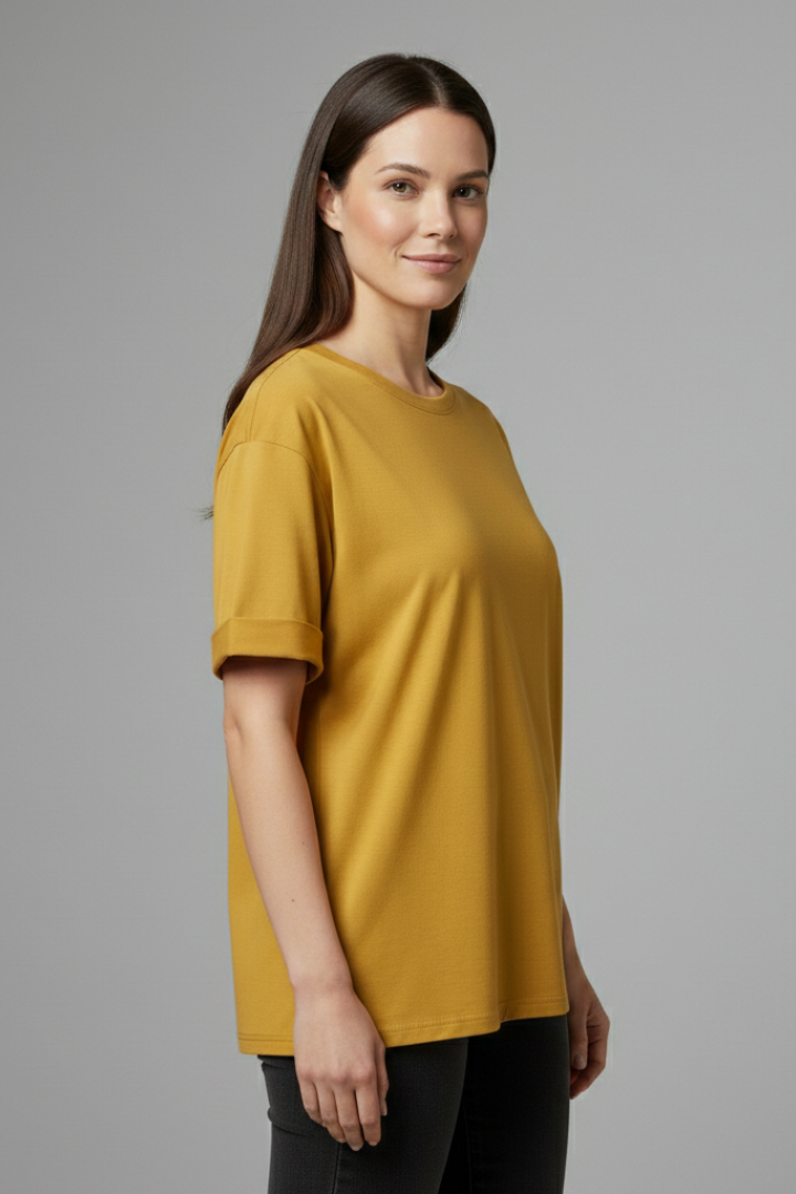 Fashionable women's round neck top with rolled short sleeves, offering a relaxed fit for ultimate comfort.