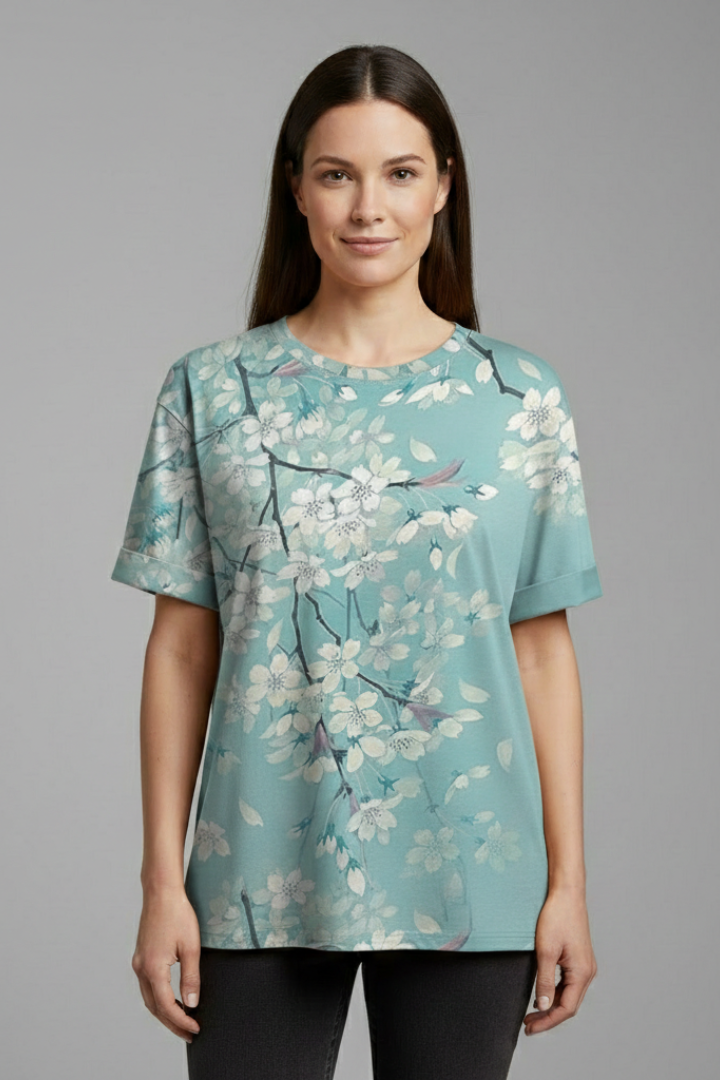Comfortable women's round neck t-shirt with rolled short sleeves, a versatile casual top for everyday styling.