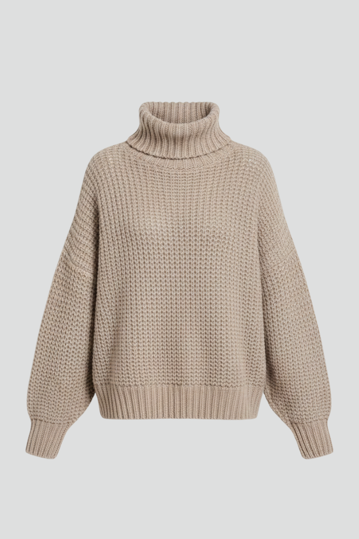 Women's textured turtleneck jumper, long sleeves, cozy fall winter sweater for comfort.