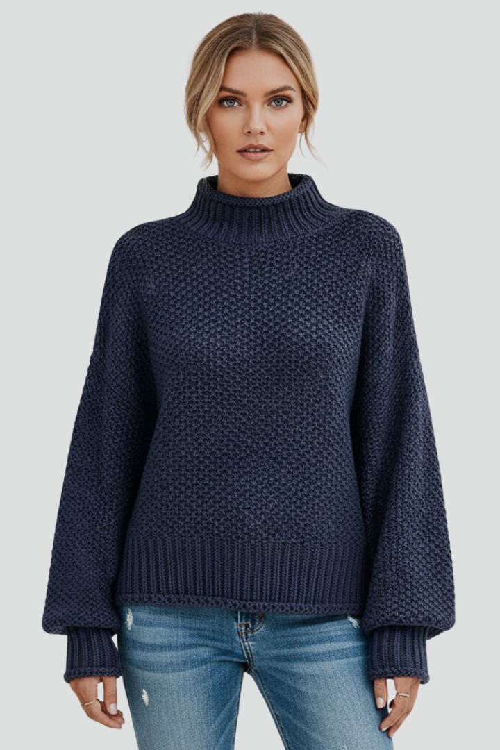 Soft women's long-sleeve textured turtleneck jumper, cozy knitwear for chilly fall days.