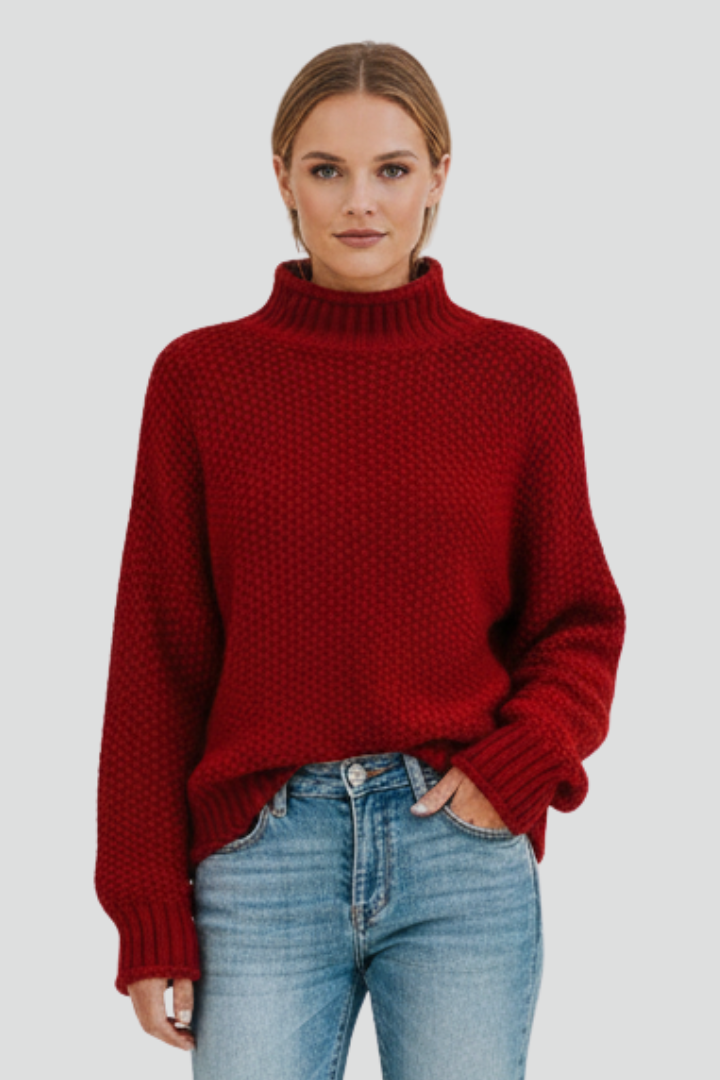 Fashionable women's textured turtleneck sweater, long sleeves, versatile for fall & winter style.