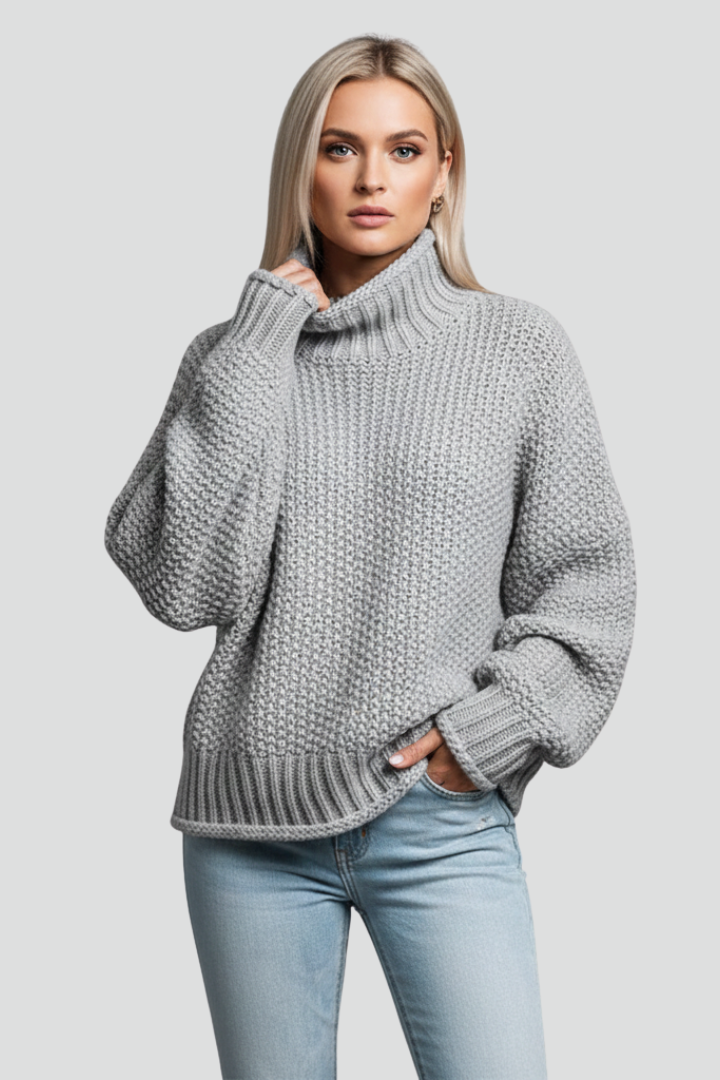 Women's textured turtleneck knit sweater, long sleeves, a warm winter essential for layering.