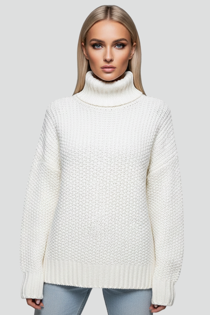 Autumn/winter women's textured turtleneck jumper, long sleeves, comfortable knit for cold.
