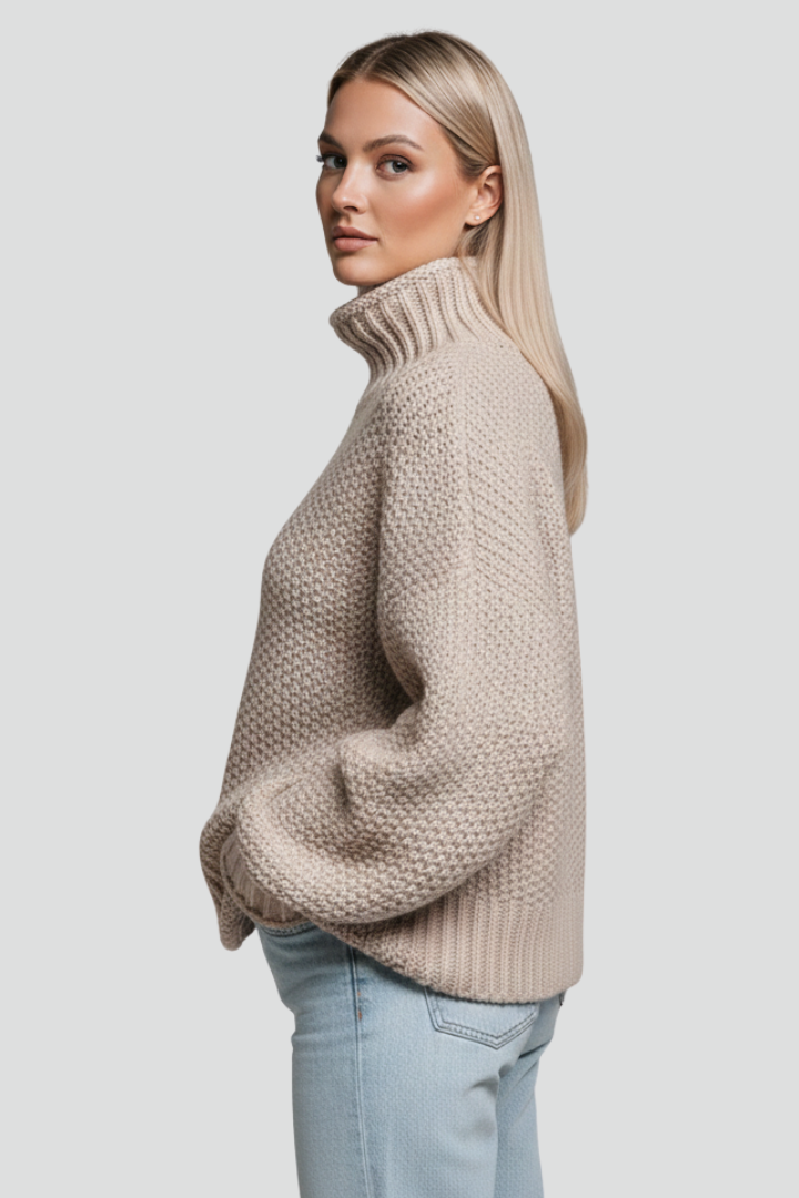 Casual women's textured long-sleeve turtleneck sweater, everyday fall & winter wear.