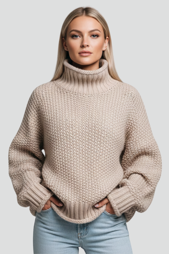 Cozy women's textured knit turtleneck sweater, long sleeves, ideal for autumn & winter comfort.