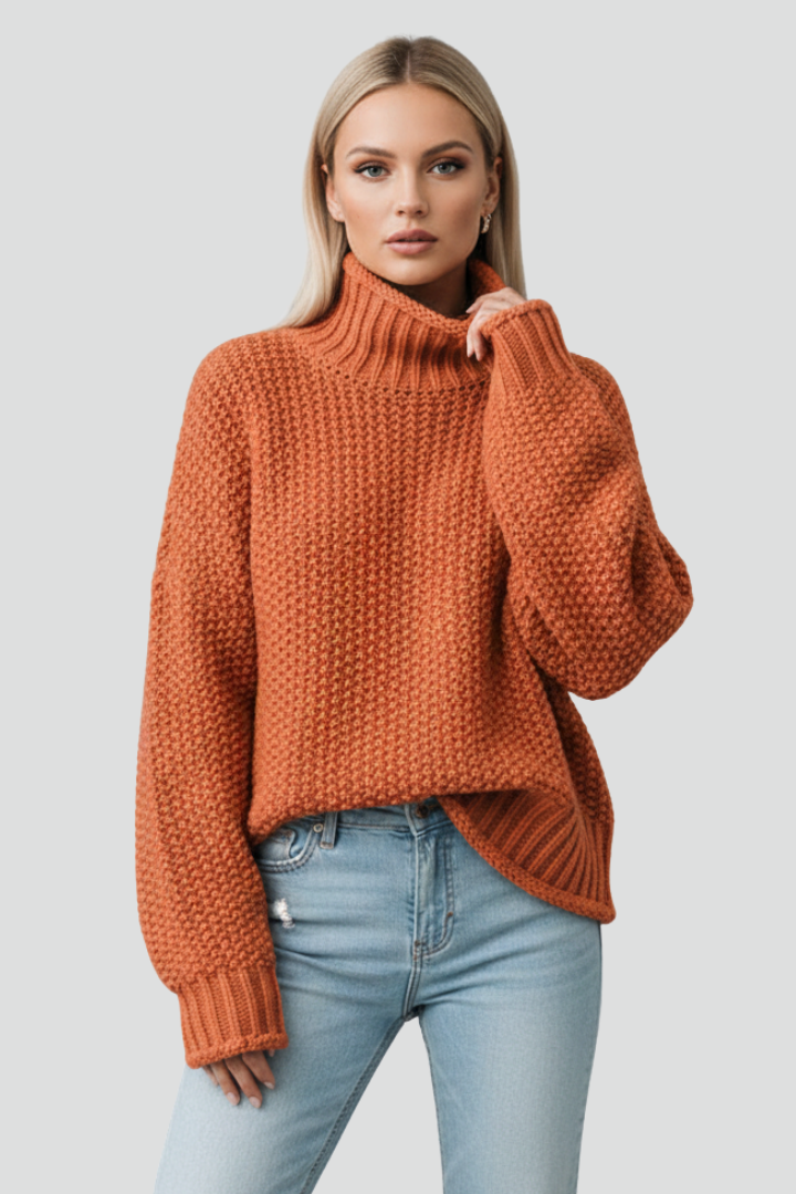 Comfortable women's textured long-sleeve turtleneck jumper, soft knit, great for cold weather.