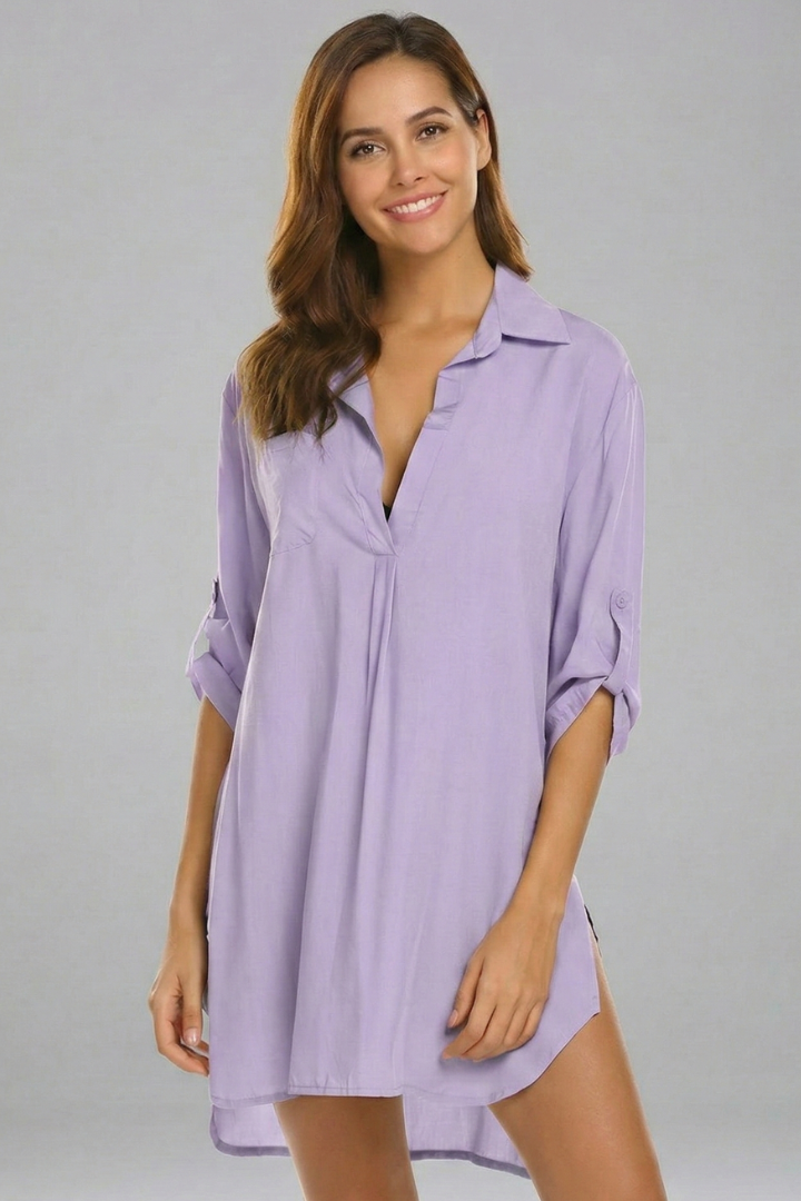 Soft, comfortable long sleeve women's tunic dress with a flattering V-neck & collar. Perfect casual spring look.