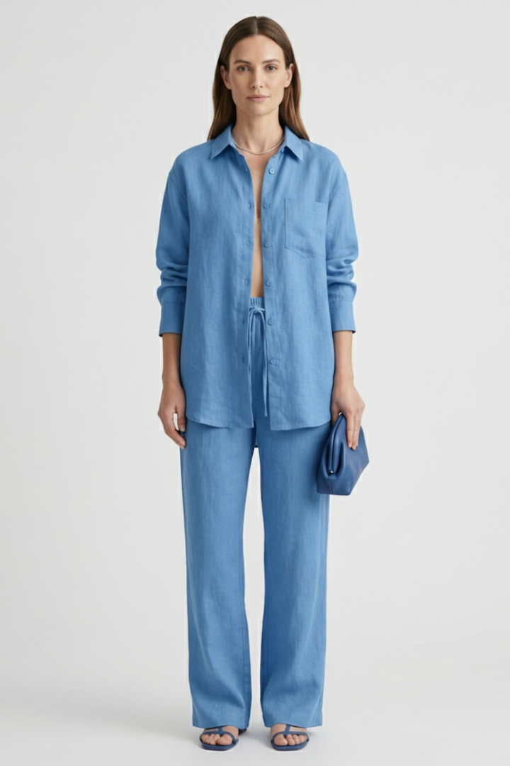 Women's two-piece matching set: button shirt & straight trousers. Chic and comfortable versatile outfit.