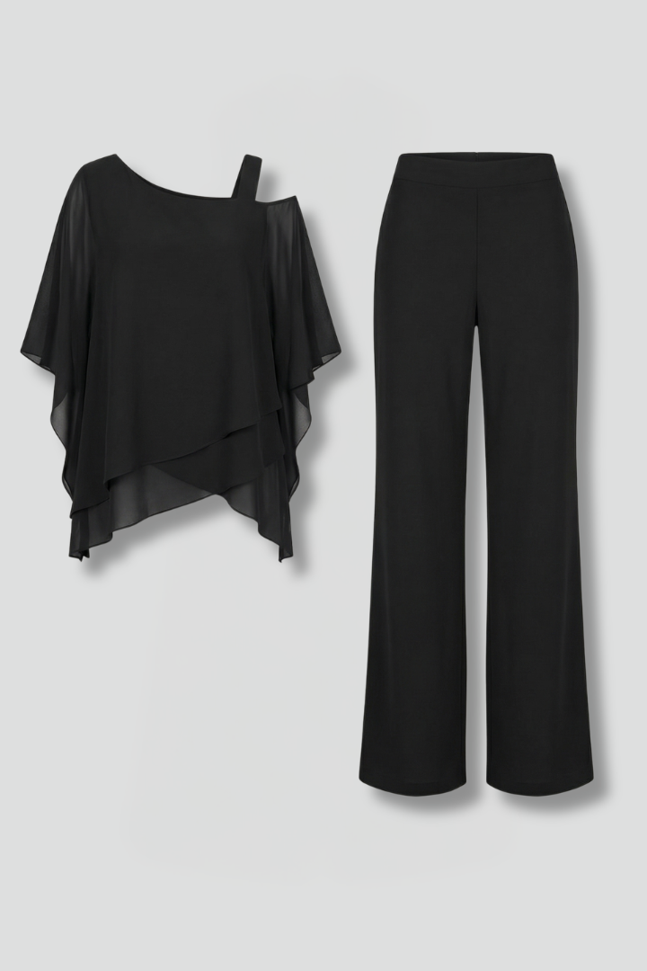 Women's chic asymmetrical two-piece set with flowy wide leg pants, perfect for spring/summer fashion.