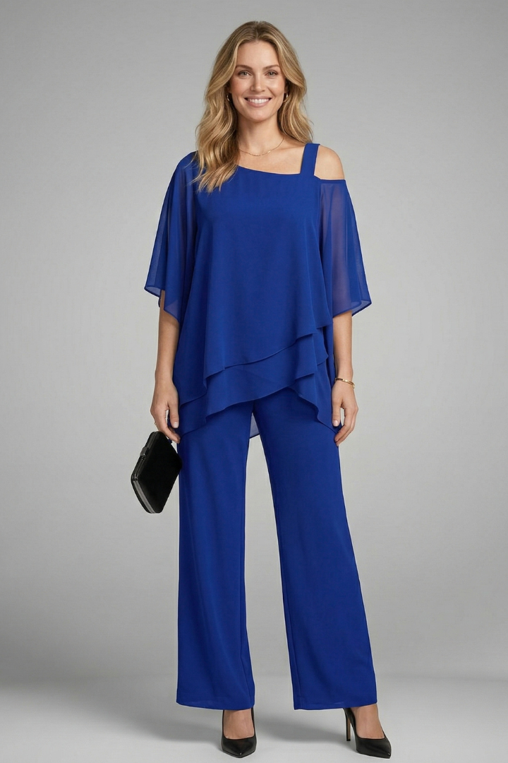 Chic women's two-piece set featuring a stylish asymmetrical top design & elegant wide-leg trousers.