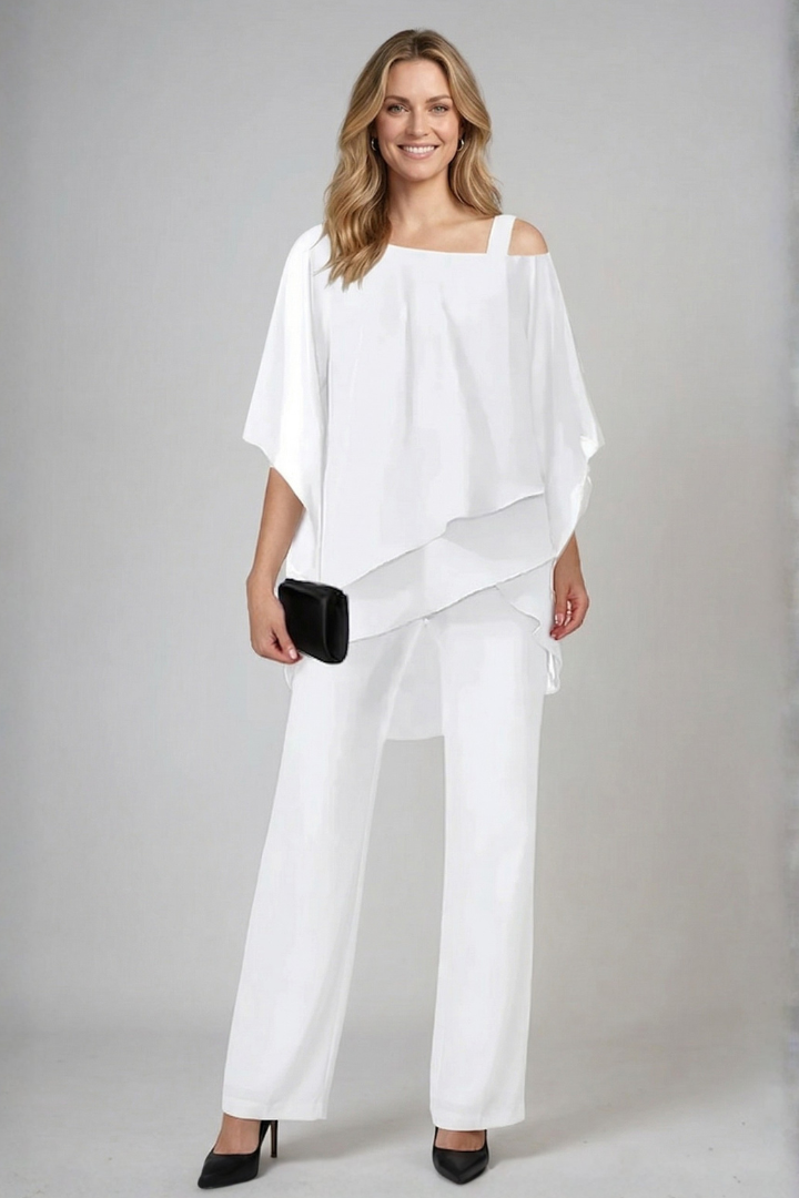 Versatile women's spring/summer two-piece set: an asymmetrical top paired with comfortable wide-leg pants.