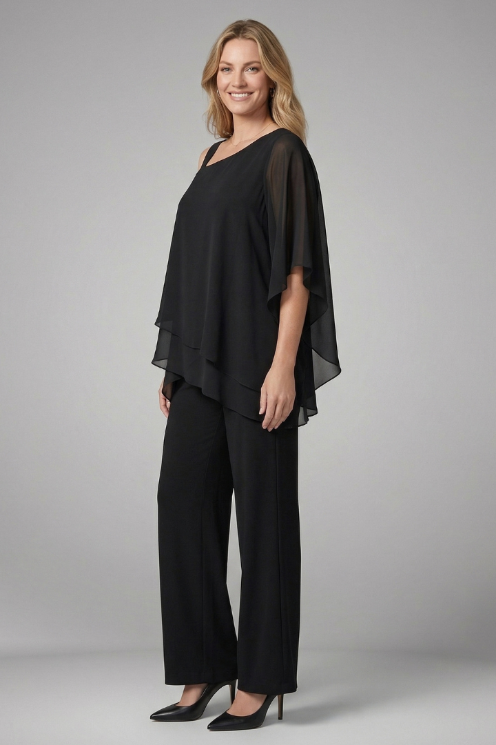 Comfortable women's two-piece set featuring a unique asymmetrical top and relaxed wide-leg pants.