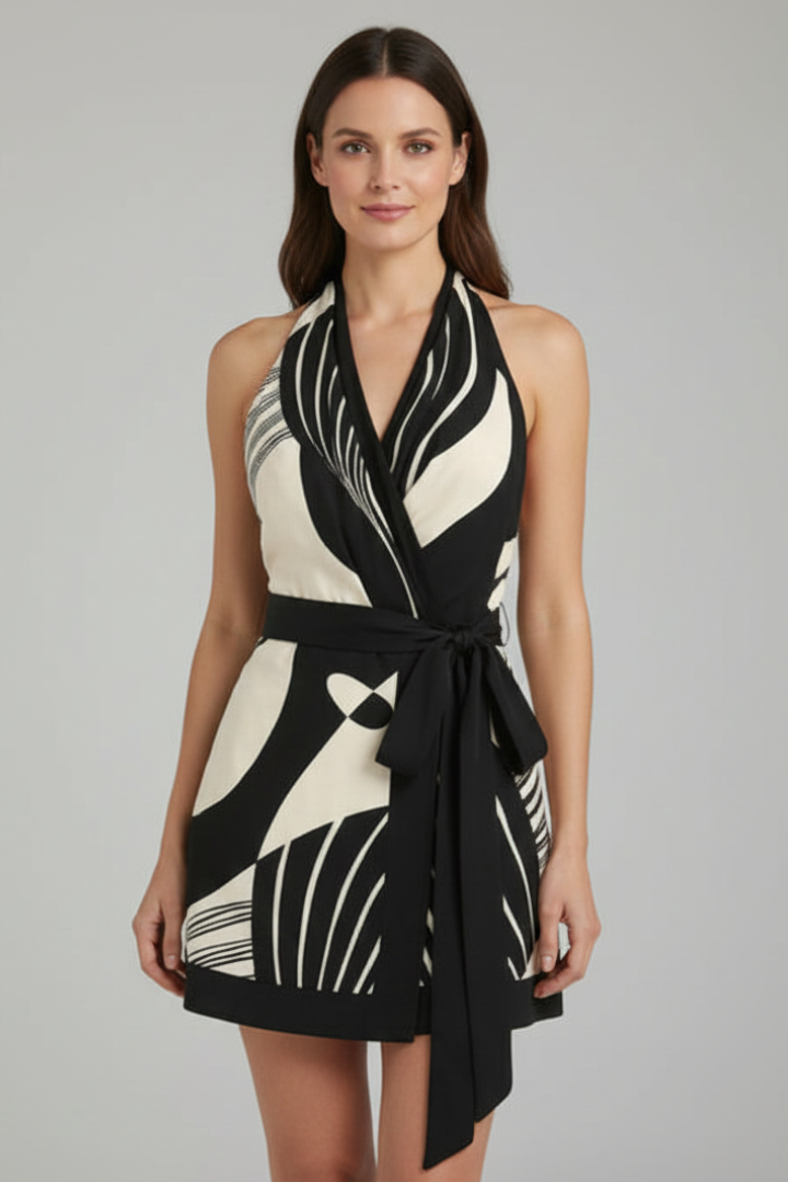 Chic black party mini dress for women with a flattering halter neck and tie waist. Ideal for cocktail events.