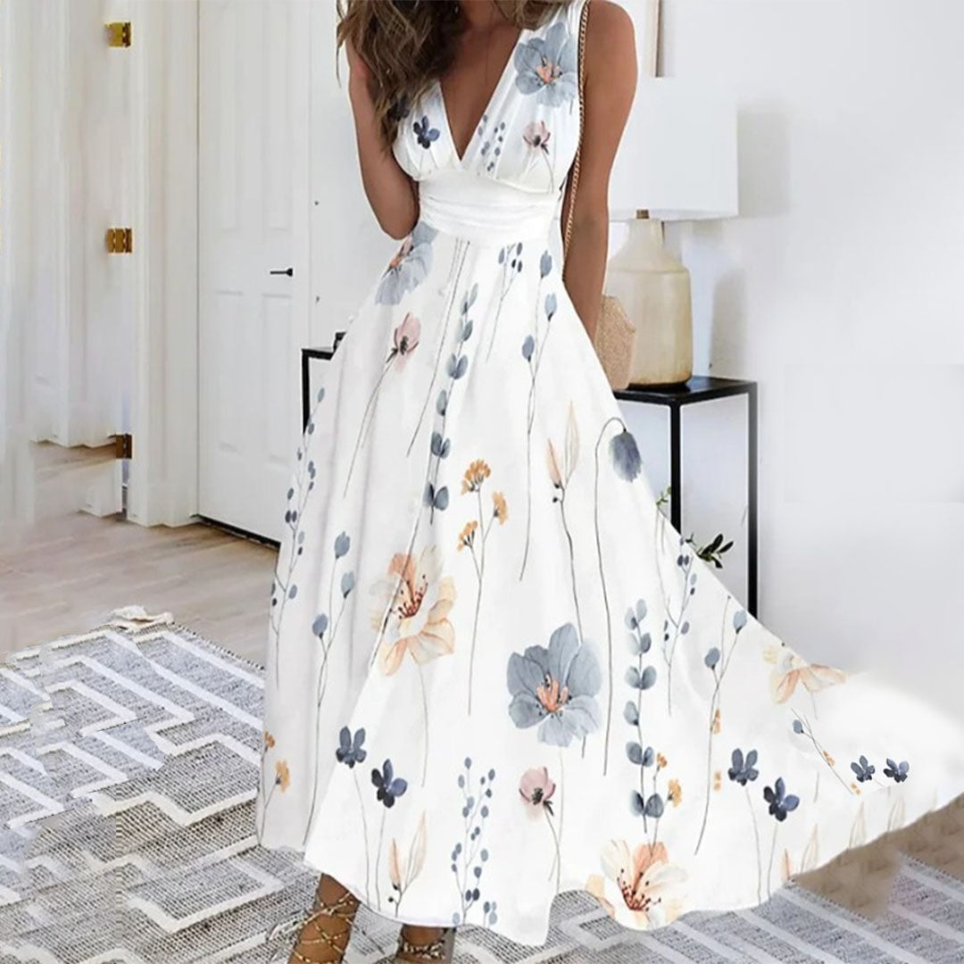 Beautiful women's floral sleeveless maxi dress with a flattering V-neck, suitable for formal summer events.
