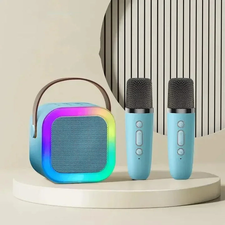 Fun kids karaoke machine with dual wireless microphones, colorful LED lights, & a powerful portable Bluetooth speaker.