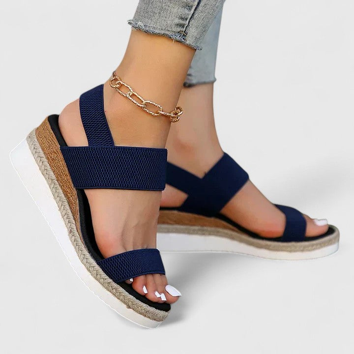 Underside of orthopedic wedge sandal sole, revealing excellent grip & flexible walking support.